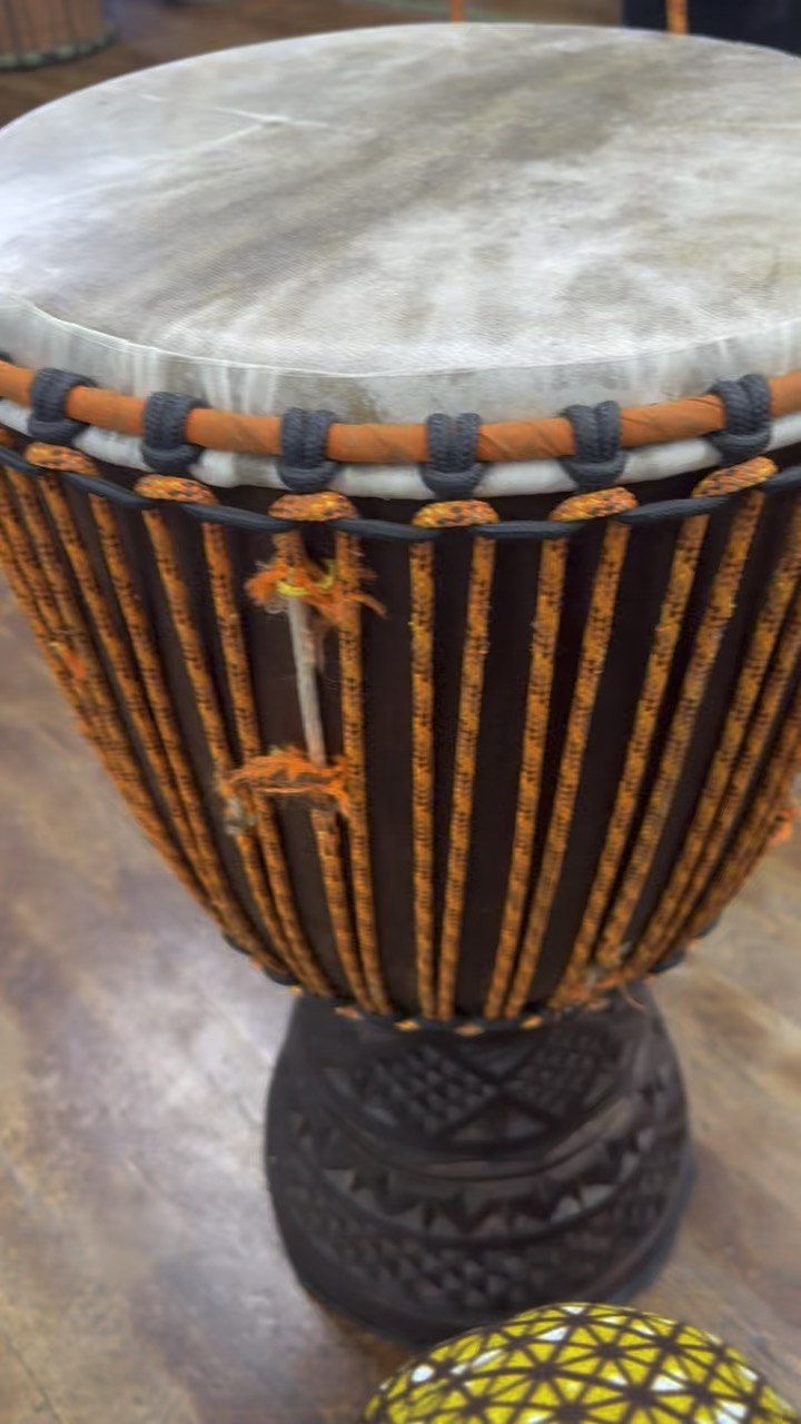 Close-up of a djembe drumhead and rope lacing in the studio